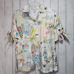 Chico's Womens No Iron Stretch Bow Paradise Tie Sleeve Aria Aqua Shirt Size 8.